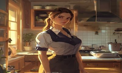艳姆1—6女主角家政人员形象，温柔干练的外表下隐藏着复杂内心，身着整洁制服站在明亮的家庭厨房中，画面暖色调