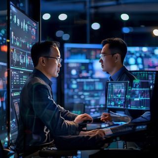艳姆1—6技术总监张鹏先生在屏幕前专注工作，多屏显示器展示数据看板，背景灯光柔和，体现技术团队的专业氛围